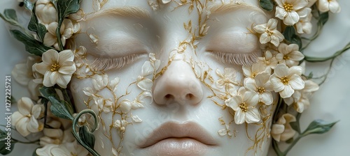 Serene portrait a face embellished with golden floral patterns