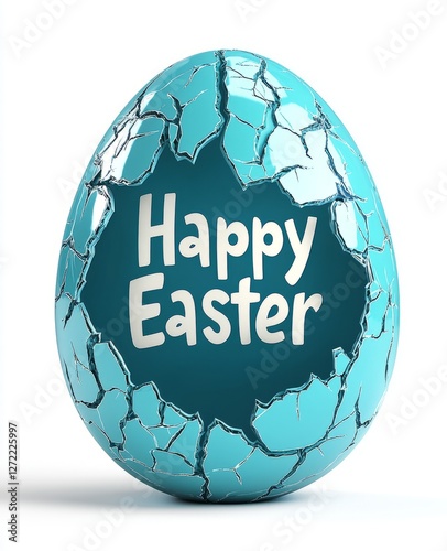 This stunning teal egg features a cracked surface with the greeting 'Happy Easter' in bold lettering. Ideal for festive decorations and Easter-themed projects for all ages. photo