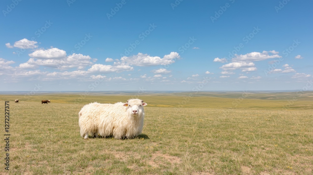 Fototapeta premium Fluffy White Sheep on a Sunny Prairie