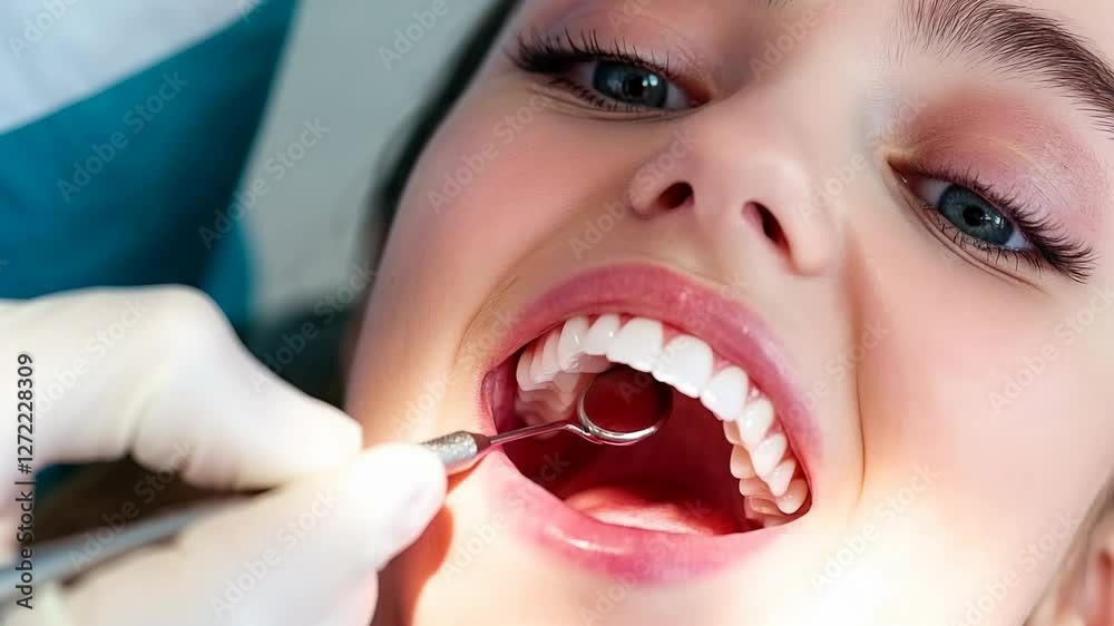 Dentist examining patient's teeth with dental mirror