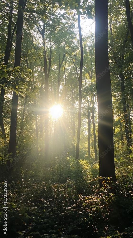 Obraz premium beautiful rays of sunshine comming through the branches in the woods