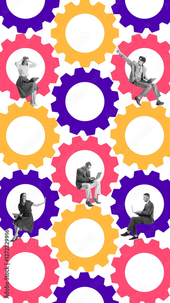 © master1305 - Multiple business people seated on colorful interconnected gears. Representing complexity, teamwork, and constant motion within corporate dynamics. Conceptual design. Concept of business, teamwork