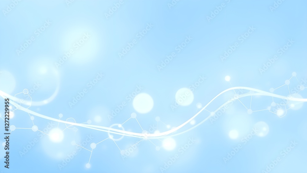 A soft blue background with glowing orbs and flowing lines, creating a serene and ethereal atmosphere.