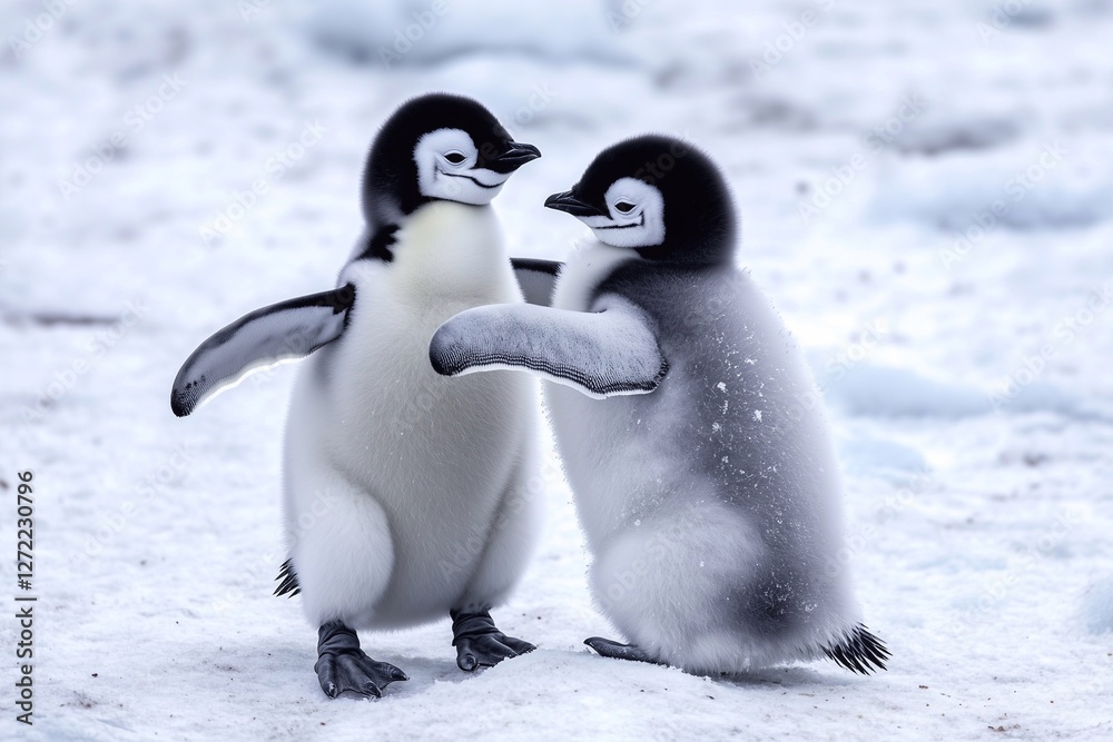 Obraz premium Two young penguins engage in a delightful dance on a vast ice field, surrounded by a pristine Generated AI