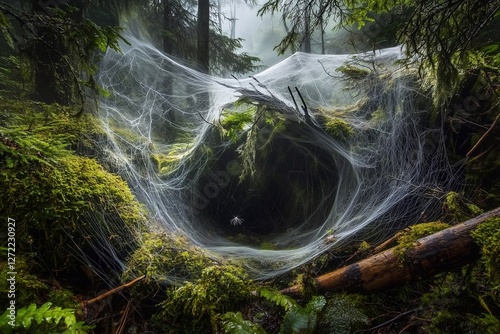 In the thick forest, a spider skillfully spins an elaborate web, glistening in the soft morning light. Generated AI