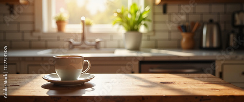 Wallpaper Mural Warm coffee cup on rustic table in vintage kitchen, cozy atmosphere Torontodigital.ca