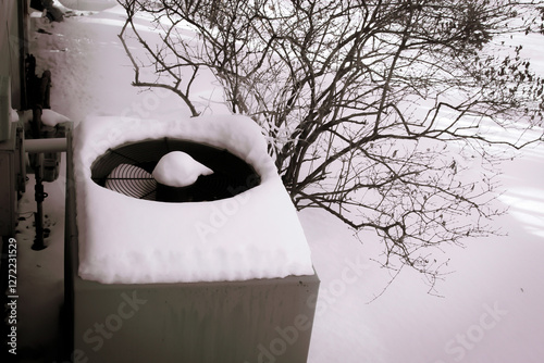 a snow covered hvac air conditioning unit outdoors in winter with branches in the background. hvac ventilation graphic design element for winter season. photo