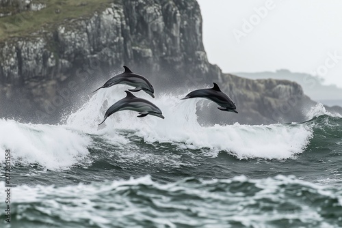 Dolphins elegantly jump out of the choppy ocean waves, showcasing their playful nature near steep, rocky cliffs on a cloudy day, generated AI photo