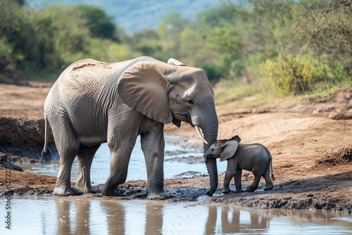 An adult elephant and its calf interact lovingly at a watering hole, surrounded by a serene landscape. Generated AI photo