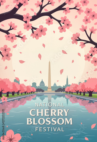 Cherry blossoms in full bloom by lake in Washington D.C., spring celebration