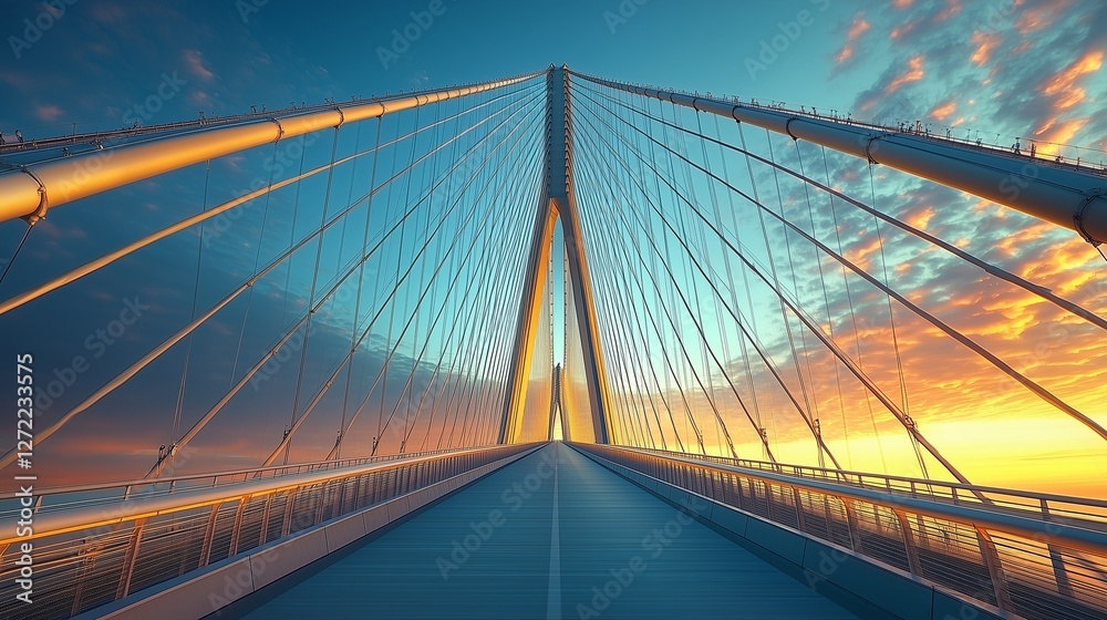 Obraz premium A stunning suspension bridge leading into the distance under a vibrant sunset sky