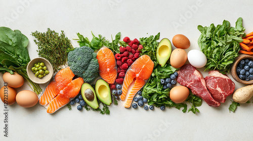 Variety of healthy whole foods valuable sources of nutrients protein fats carbohydrates. Meat fish vegetables eggs fruit and berries leafy greens