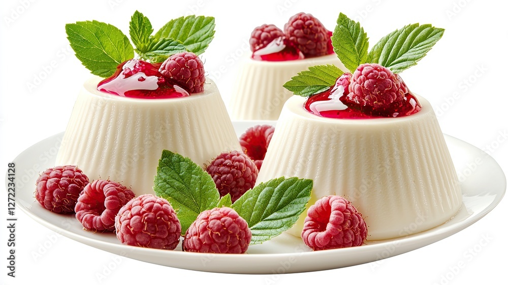 Creamy Panna Cotta Dessert Topped With Raspberries And Mint