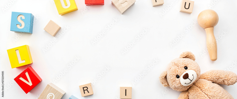 Obraz premium Playful wooden toy blocks and teddy bear on white background, childhood joy