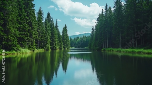 Serene lake reflecting lush green pine trees and sky