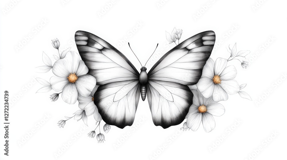 Monochrome butterfly and flowers illustration with intricate details Monochrome butterfly and flowers illustration with intricate details
