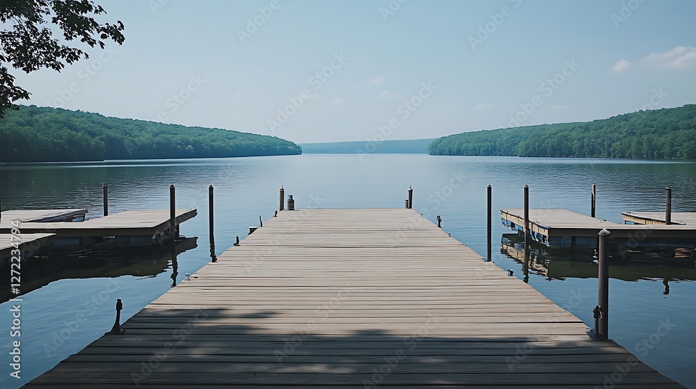 Fototapeta premium Wooden dock extends over tranquil lake nestled between green hills