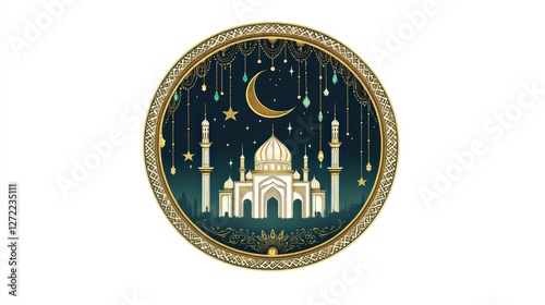 Circular illustration of a mosque at night, detailed with golden decorative frame, crescent moon, stars, and teal accents. photo