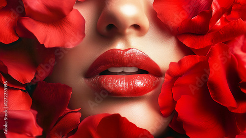 Face of a beautiful woman with pouty lips with red lipstick framed with bright scarlet flowers peonies roses petals. Fashion makeup skin care menstruation female health concept