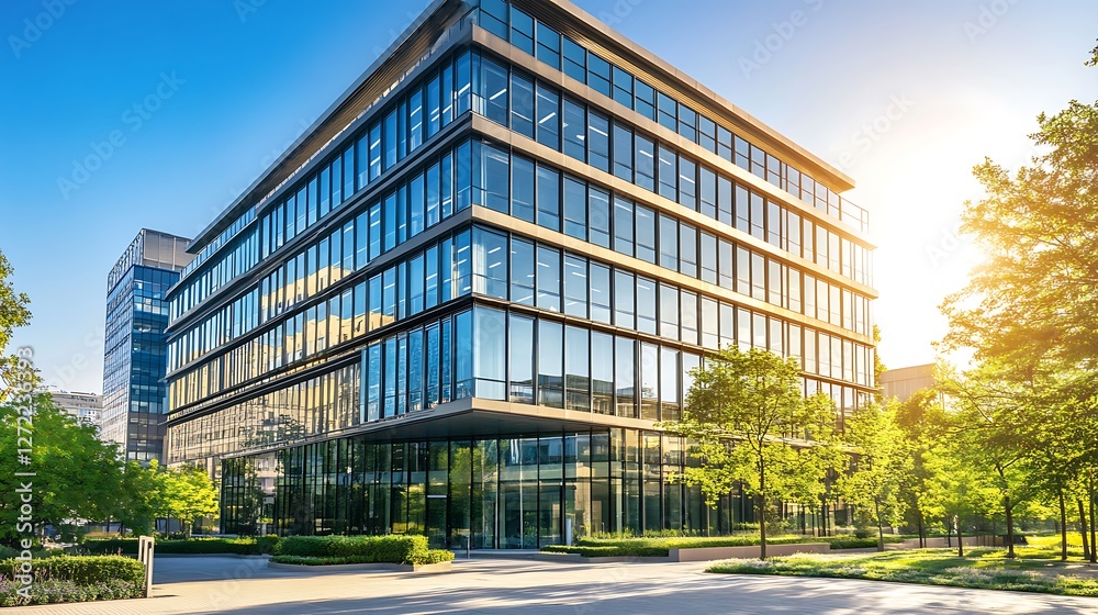Modern Glass Office Building Surrounded By Lush Greenery Modern Glass Office Building Surrounded By Lush Greenery