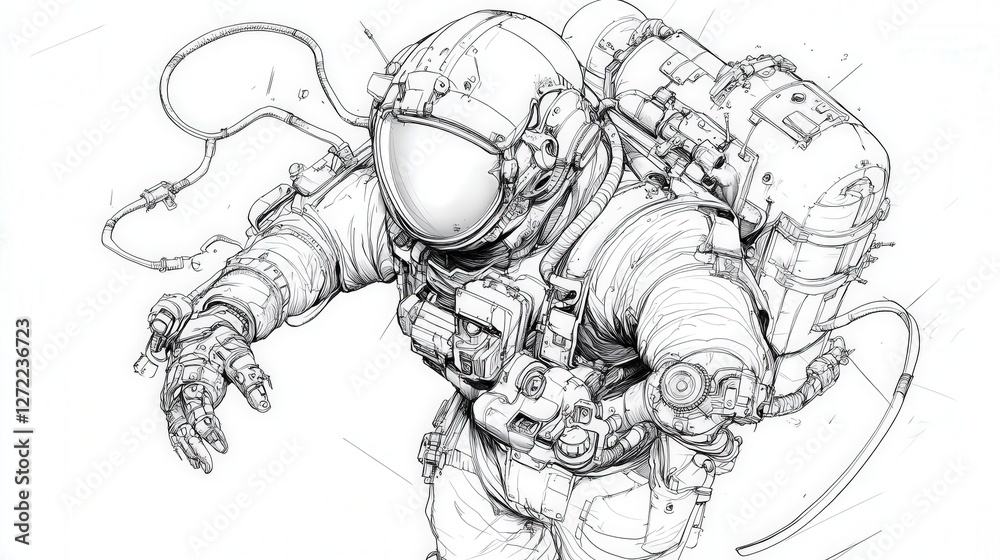 Fototapeta premium Detailed black and white illustrated spacesuit with complex gear and cables
