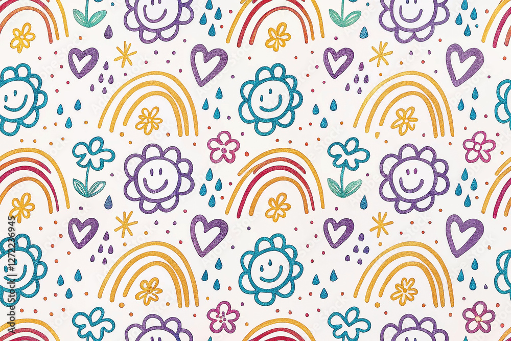 Cute rainbow, flower, and smiley face pattern on white background Cute rainbow, flower, and smiley face pattern on white background