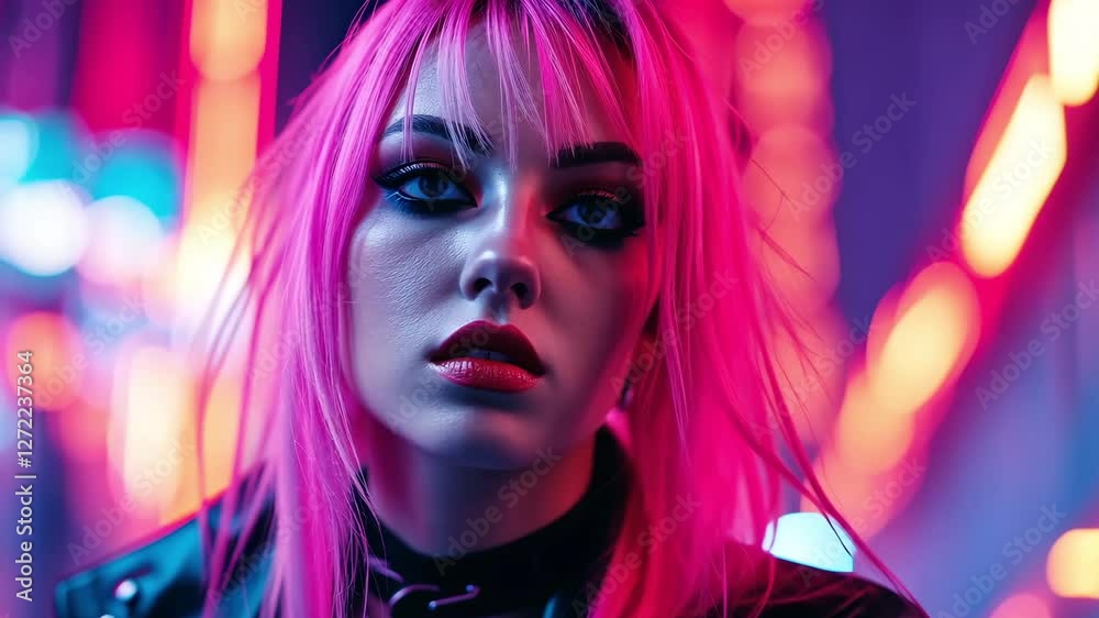 A confident individual showcases an edgy look with bright pink hair and a leather jacket in a vibrant urban setting illuminated by neon lights at night. The atmosphere is electric and captivating. A confident individual showcases an edgy look with bright pink hair and a leather jacket in a vibrant urban setting illuminated by neon lights at night. The atmosphere is electric and captivating.