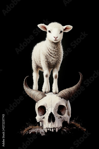 Lamb of God Standing on Defeated Evil - Biblical Christian Spiritual Art Print. 