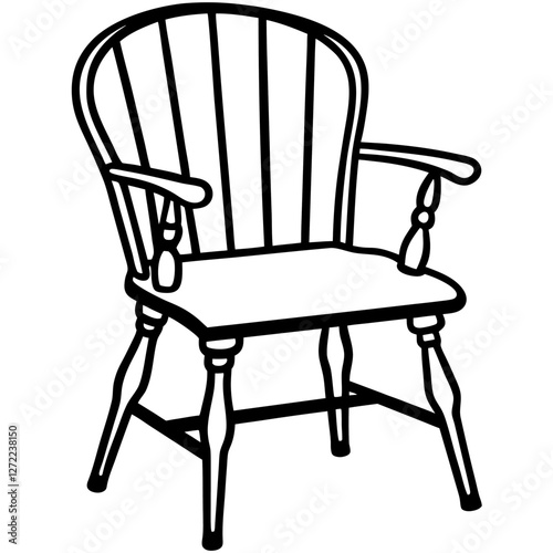 Windsor Chair Vector Illustration – Cartoon, Clipart & Line Art Design, Vector illustration of a Windsor chair in cartoon, clipart, and line art style, perfect for digital use.