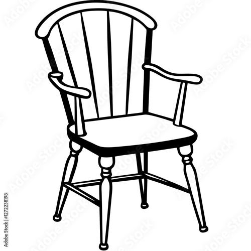 Windsor Chair Vector Illustration – Cartoon, Clipart & Line Art Design, Vector illustration of a Windsor chair in cartoon, clipart, and line art style, perfect for digital use.