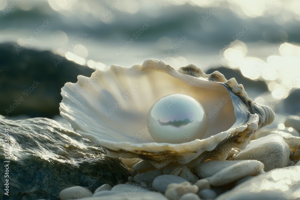 Shimmering pearl in seashell by ocean shore. Neural network AI generated Shimmering pearl in seashell by ocean shore. Neural network AI generated