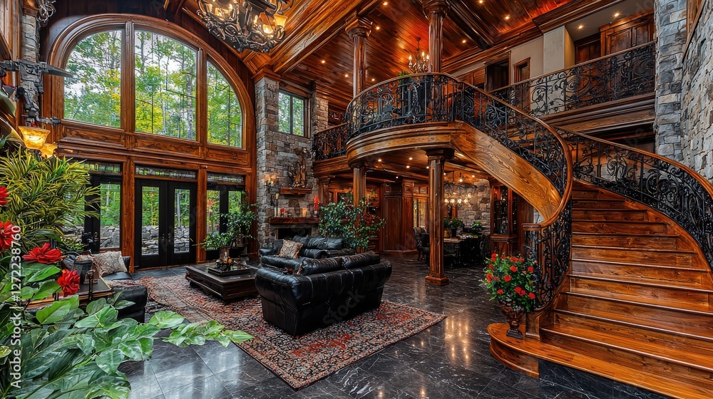 Obraz premium Luxurious home interior, grand staircase, forest view
