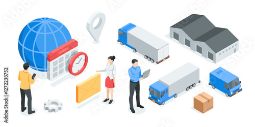 isometric vector concept with people and boxes and warehouse workers, in color on white background, postal delivery of goods or logistics