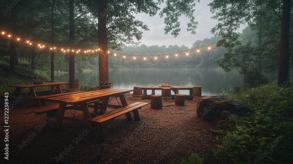 Obraz premium Misty lake picnic, string lights, forest setting, evening ambiance
