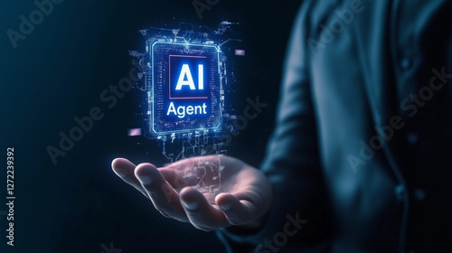 A human businessperson interacting with an AI agent hologram using their hands symbolizing agentic autonomy and the automation of work using teamwork with a chatbot assistant