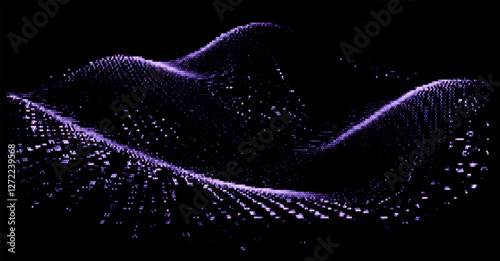 Vector illustration depicts a wave of purple particles forming a dynamic, flowing pattern on a dark background, evoking a sense of digital motion and futuristic energy.