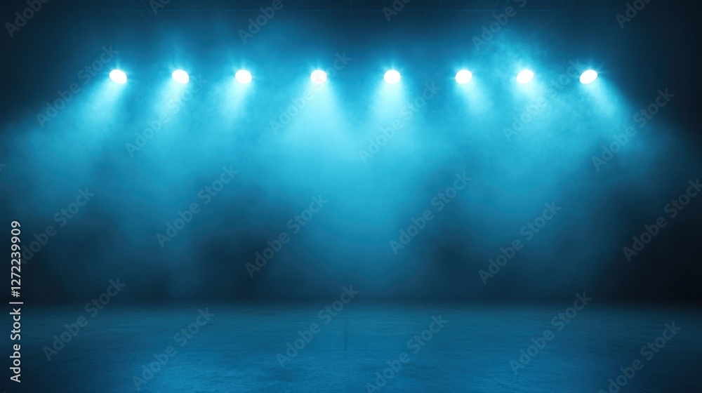 Obraz premium Six spotlights illuminating an empty stage, filled with swirling smoke, create a captivating and dramatic atmosphere perfect for any performance or presentation in a theatrical setting