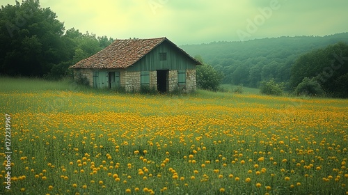 A quaint stone house nestled in a field of yellow flowers under a cloudy sky photo