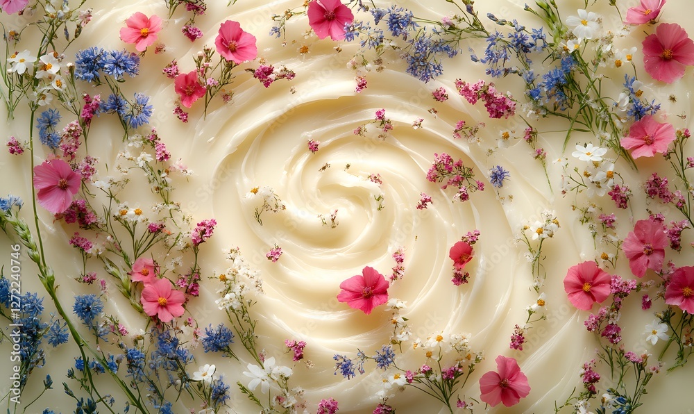Floral Arrangement in Creamy Swirl, delicate pink, blue and white blooms Floral Arrangement in Creamy Swirl, delicate pink, blue and white blooms