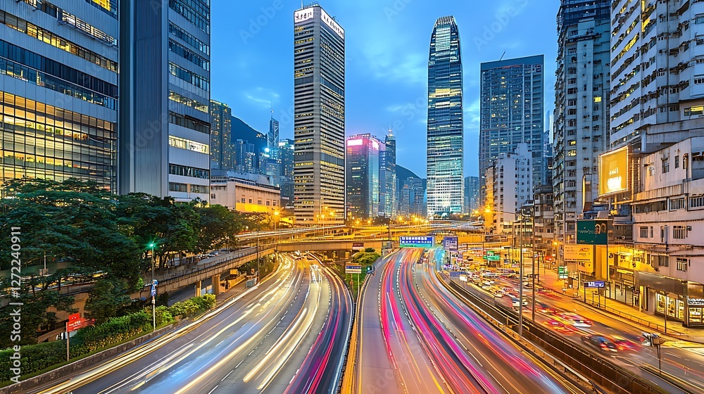 Fototapeta premium Hong Kong City Night Traffic Highway Skyscrapers