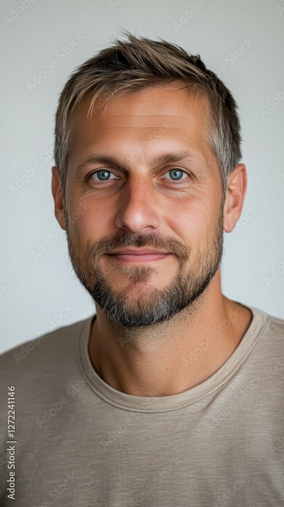 A man with a beard and a blue shirt. He is smiling. The man is wearing a brown shirt A man with a beard and a blue shirt. He is smiling. The man is wearing a brown shirt