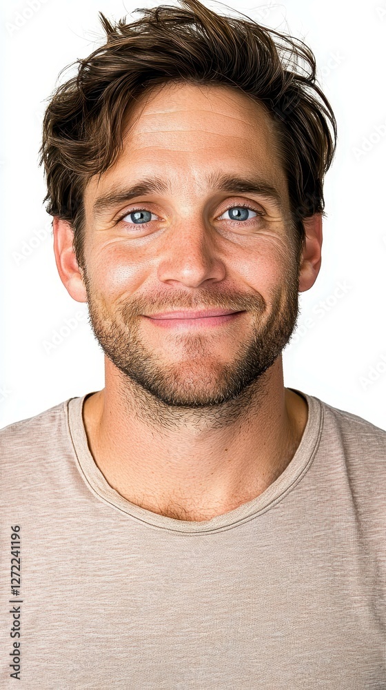 Fototapeta premium A man with a beard and a blue shirt is smiling. He is wearing a white shirt underneath