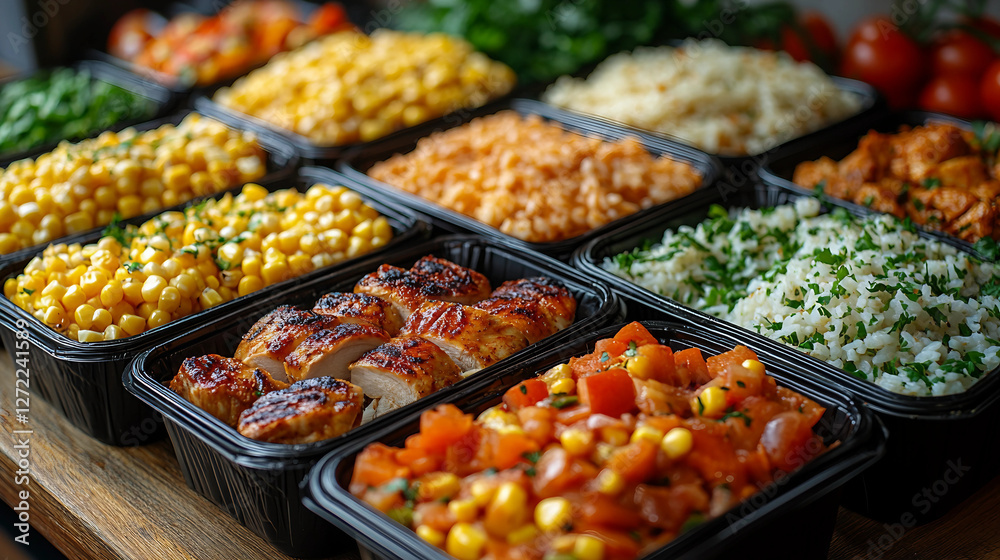 A variety of food is displayed in plastic containers on a wooden table. The food includes chicken, rice, corn, and vegetables. The presentation is colorful and appetizing, making it an inviting meal A variety of food is displayed in plastic containers on a wooden table. The food includes chicken, rice, corn, and vegetables. The presentation is colorful and appetizing, making it an inviting meal
