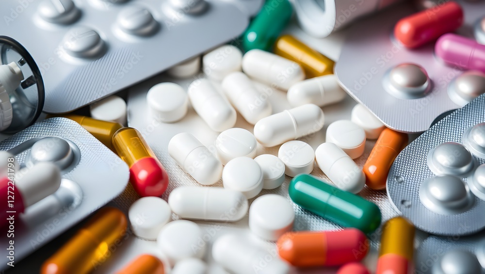 A vibrant assortment of various pills and capsules scattered among medication blister packs, highlighting the world of pharmaceuticals. A vibrant assortment of various pills and capsules scattered among medication blister packs, highlighting the world of pharmaceuticals.