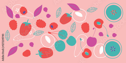 Appetizing fruit and berries collection. Decorative abstract horizontal banner with colorful doodles. Hand-drawn modern illustrations with fruit and berries, abstract elements. Abstract series	
