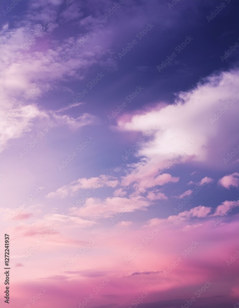 Obraz premium A gentle, dreamy sky with a gradient of pink and purple shades, adorned with wispy white clouds.