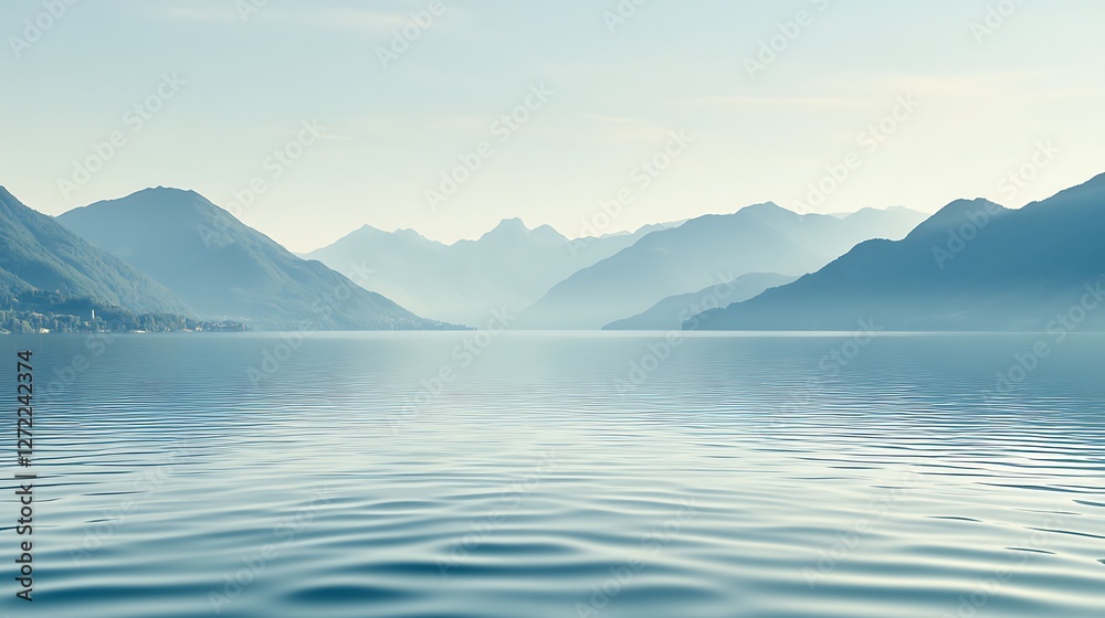 Serene Mountain Lake Landscape Under A Hazy Sky Serene Mountain Lake Landscape Under A Hazy Sky