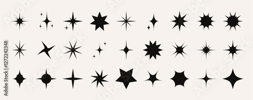 Stars icon collection. Abstract star set, geometric sparks and sparkle silhouette symbols, minimalist decorative retro starlight signs different shapes. Vector isolated set