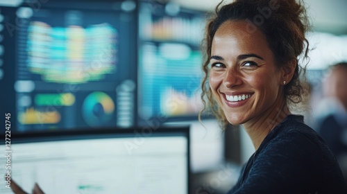 Smiling woman working at computer in modern office with data visualizations on screens Free Download Smiling woman working at computer in modern office with data visualizations on screens - GFXLoad