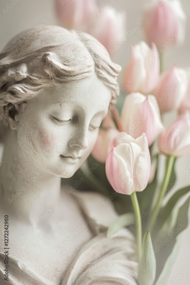 Naklejka premium A beautifully carved marble antique statue, weathered with age, elegantly adorned with an array of fresh spring tulips along its contours.